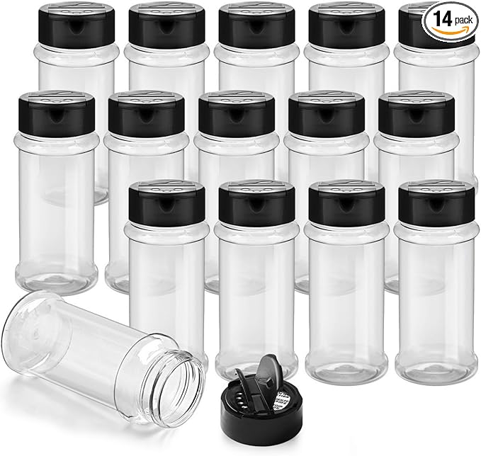 TUZAZO 14 Pcs Spice Bottles Plastic Seasoning Containers, 3 Oz Clear Plastic Spice Jars with Shaker Lids Empty for Spice & Herbs, Powders, Glitters, BPA Free | Heavy Duty | Wide Mouth | Dual Flaps