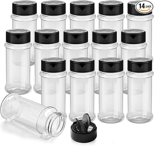 TUZAZO 14 Pcs Spice Bottles Plastic Seasoning Containers, 3 Oz Clear Plastic Spice Jars with Shaker Lids Empty for Spice & Herbs, Powders, Glitters, BPA Free | Heavy Duty | Wide Mouth | Dual Flaps
