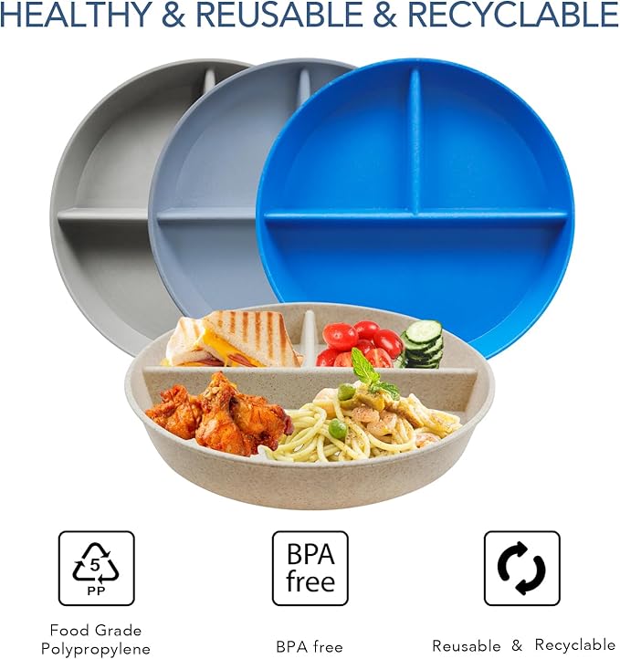 greenandlife 9 Inch 4PCS Divided Plates with Lids, Portion Control Plates for Kids Adults, Dishwasher Microwave Safe Compartment Plate, Unbreakable Lightweight Reusable Wheat Straw Plate, Blue