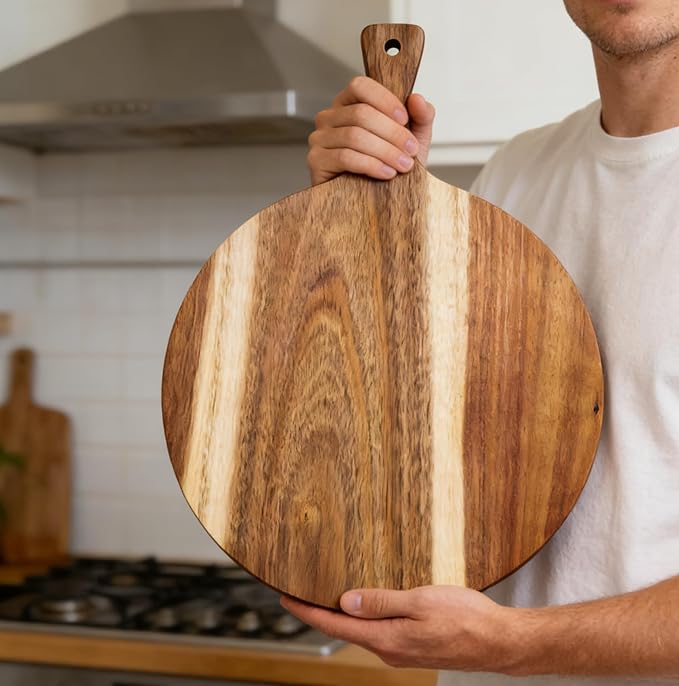 ZeQi Round Acacia Wood Cutting Board with Handle 16''x12'' /Charcuterie Board/Pizza Board/Serving Board for Cheese, Bread, Vegetables & Fruits (Round)