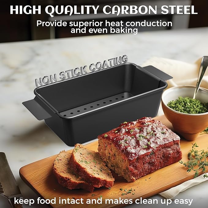 2 Pack Meatloaf Pan with Drain Tray, Non Stick Meat Loaf Pan with Drip Tray, 9.4 x 5.5 Inch Loaf Pan for Baking Bread and Meatloaf