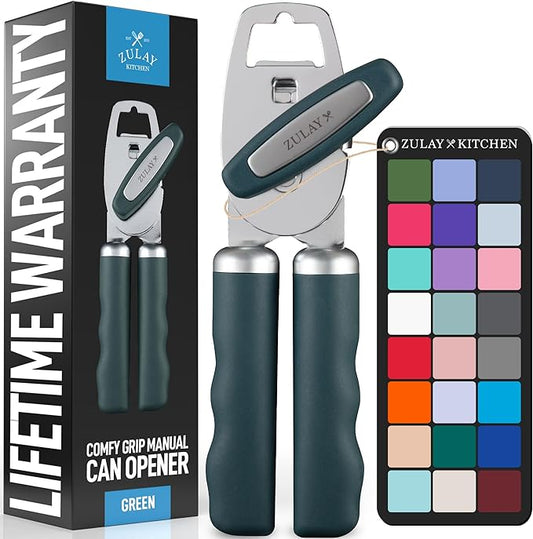 Zulay Kitchen Heavy Duty Stainless Steel Can Opener Manual with Bottle Opener - Rust Proof Manual Can Opener With Turn Knob & Comfy Soft Grip Handles - Green