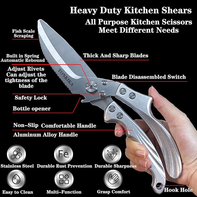 Heavy Duty Kitchen Shears, 2 Pack Detachable Poultry Scissors, Silver Black, Ambidextrous, Dishwasher Safe