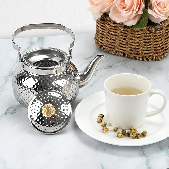 2L Hammered Tea Kettle, Stainless Steel Tea/Coffee Pot Loose Leaf Teapot for Tea, Milk, Coffee, 2L Teapot with Strainer Stovetop Tea Kettle, Outdoor Travel Supplies, Gift For Tea (Silver 2L)