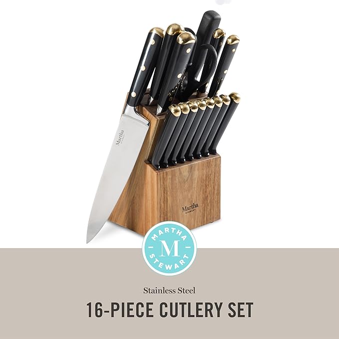 Martha Stewart 16 Piece Lockton High Carbon Stainless Steel Cutlery Kitchen Knife Block Set W/ABS Triple Riveted Forged Handle Acacia Wood Block - Black W/Gold