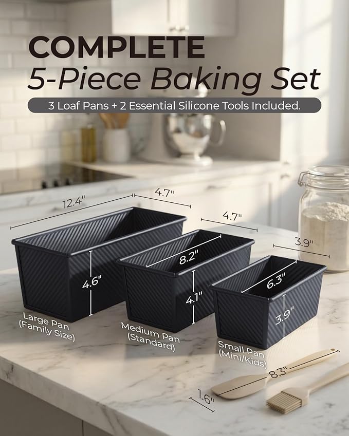 CARTMAN 3-Piece Pullman Loaf Pan with Lid Set – Non-Stick Carbon Steel Bread Pan with Bottom Vents – Includes Large (12.4"), Medium (8.2") & Mini (6.3") Sizes plus Silicone Tools – Classic Black