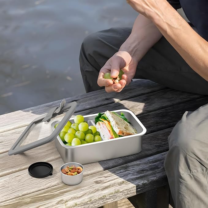 Stainless Steel Bento Box for Adult, 42oz Leak-Proof Metal Lunch Box Containers with Adjustable Divider, Microwave-Safe, Lunchbox with Glass Lid for Work Travel, Silver