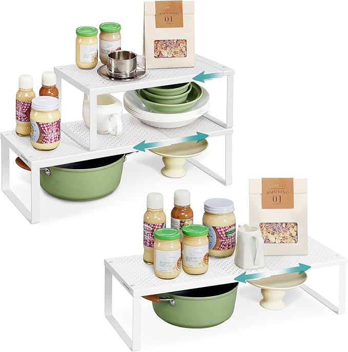 SONGMICS Spice Racks, Set of 3 Expandable Kitchen Countertop Shelves, Small Cupboard Organizers, Metal, Space-Saving Tabletop Shelves, Matte White UKCS403WC01