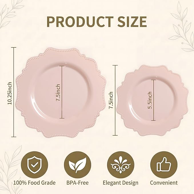 COLOSUS 100 pcs Pink Plastic Plates Set, Nice Disposable Plates,Pink Disposable plates Set for 50 Guest include 50 Dinner Plate 10.5 &50Dessert plates 8.25 for Party,Wedding, Birthday,Easter Day