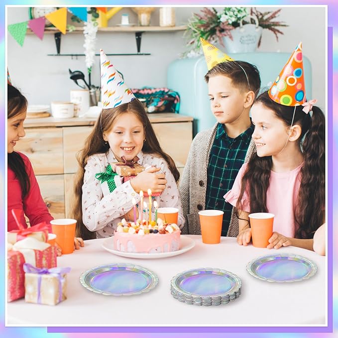 30 Pcs Iridescent Paper Plates Disposable 7 Inch Scalloped Holographic Plates Sliver Cake Dessert Plate for Birthday, Mermaid, Disco