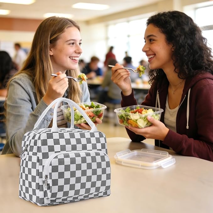Lunch Box for Women Insulated Lunch Bag Women Adult Cute Lunch Bags Reusable Lunchbox Cooler Tote Bag for Work Picnic (White-Gray)