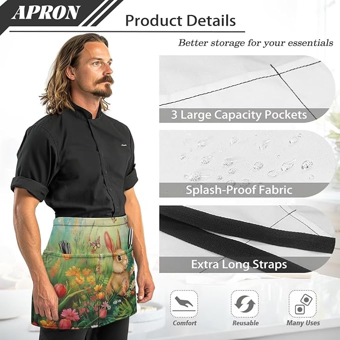 Server Waitress Waist Apron with 3 Pockets, Short Aprons for Servers,Waiter Apron For Waiter Accessories