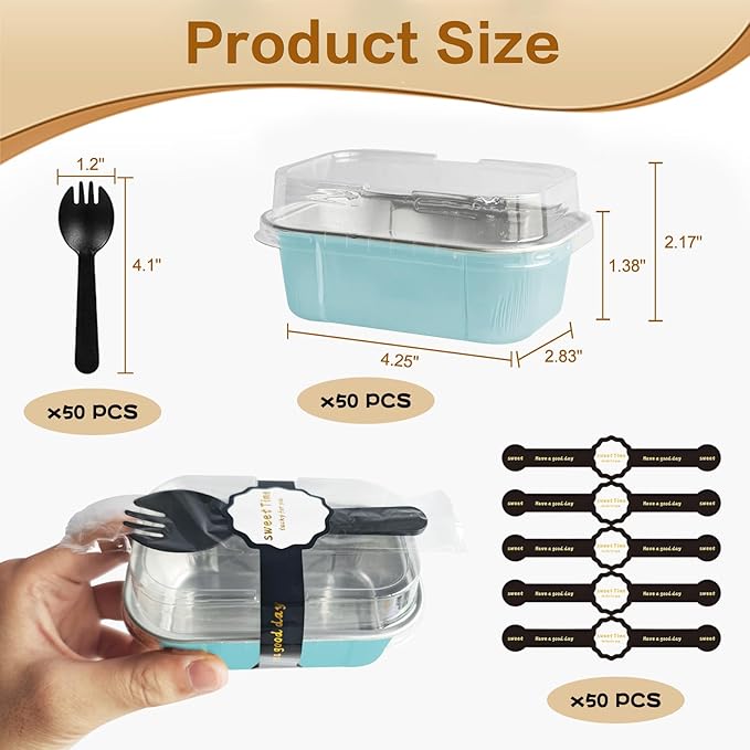 Mini Loaf Pans With Lids And Spoons 50 Pack,5.5 Oz Rectangle Mini Individual Cake Tins Disposable Small Aluminum Foil Baking Pans(50, Wathet)