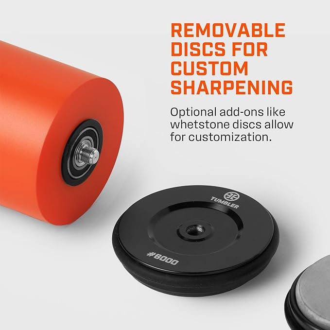 TUMBLER Pro Rolling Knife Sharpener™ - Knife Sharpening Made Easy - Knife Sharpening Kit with Removable Disc System - Include 4-Layer Diamond Sharpening Disc & EdgeBoost Ceramic Disc, Orange V2