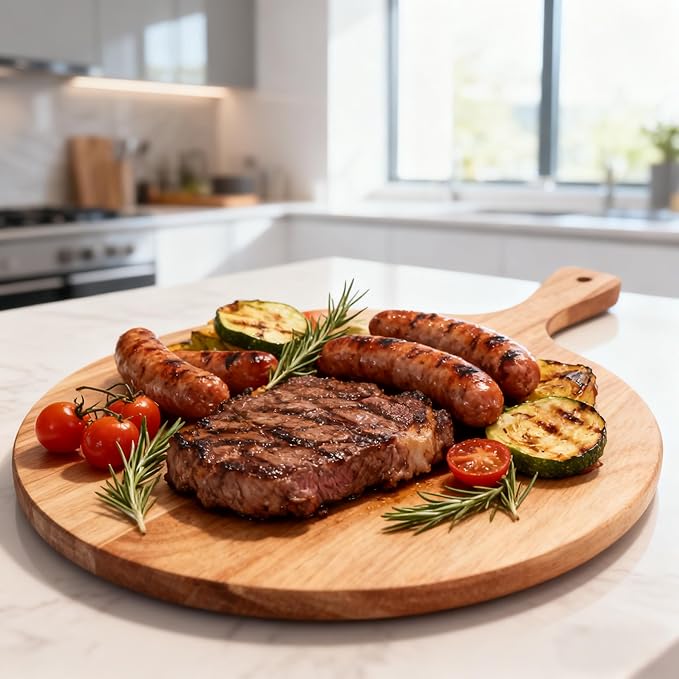 ZeQi Round Acacia Wood Cutting Board with Handle 16''x12'' /Charcuterie Board/Pizza Board/Serving Board for Cheese, Bread, Vegetables & Fruits (Round)