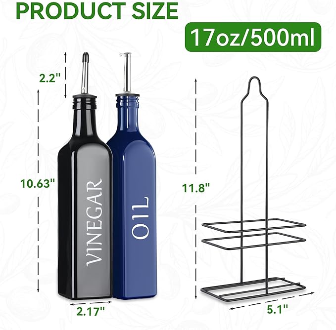 Vakoo Oil and Vinegar Dispenser Set - 17oz/500ml, Extra Thick Glass, Leak-Proof, Olive Oil Dispenser Bottle for Kitchen (Blue Black)