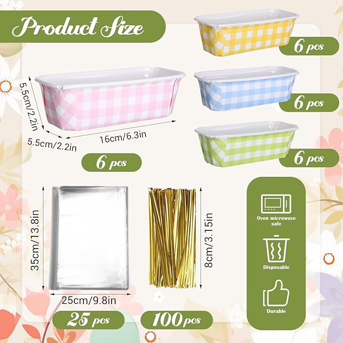 LemonRoad 24 Sets Easter Paper Loaf Pan for Baking 6.3 x 2.2 x 2.2 Inch Small Disposable Colorful Plaid Baking Pans with Clear Plastic Bags and Ties Rectangle Cake Pan for Bread Mold Supply Gift