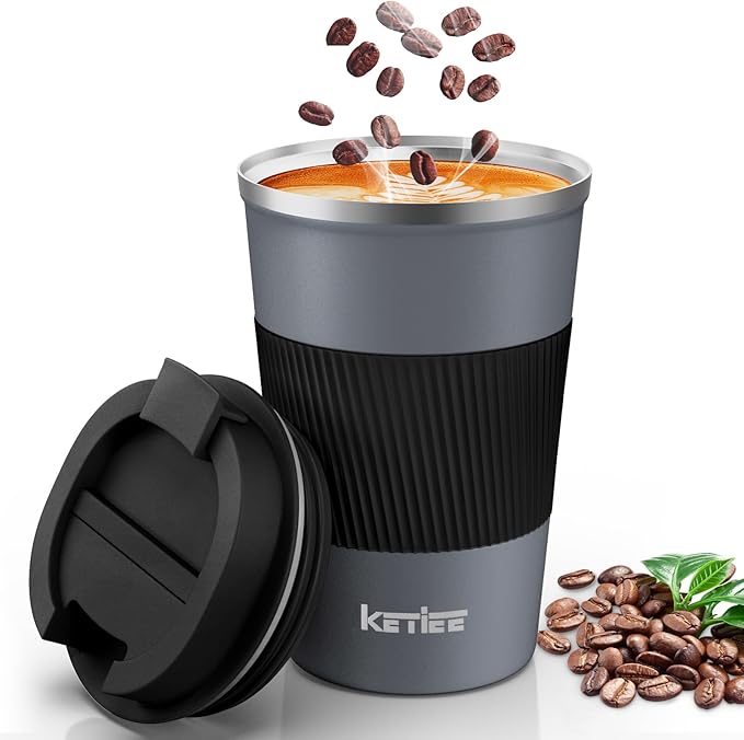 KETIEE Travel Coffee Mug Spill Proof 12oz, Insulated Reusable Coffee Cups with Seal Lid, Vacuum Stainless Steel Travel Mug to Go Car Tumbler for Hot/Iced Drinks (Grey)
