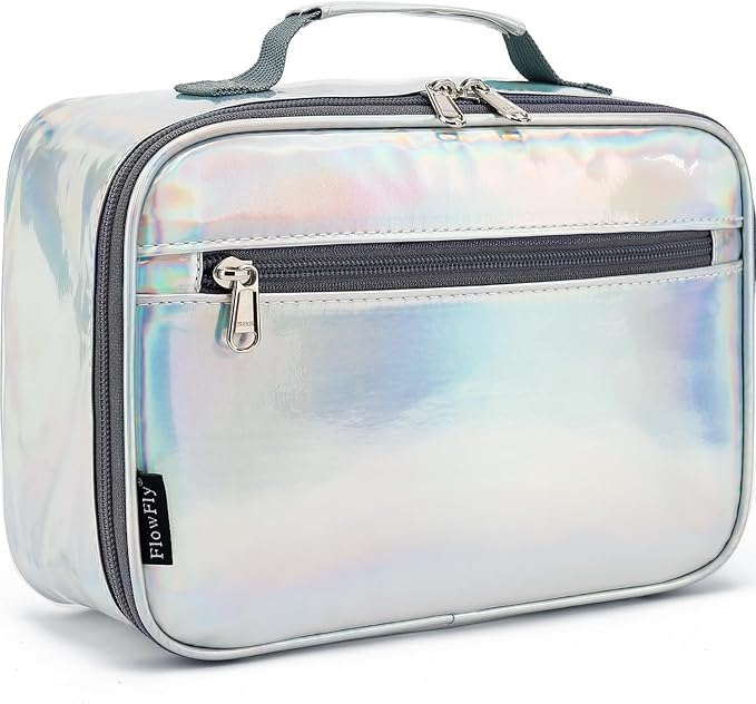 FlowFly Kids Lunch box Insulated Soft Bag Mini Cooler Back to School Thermal Meal Tote Kit for Girls, Boys, Silvery