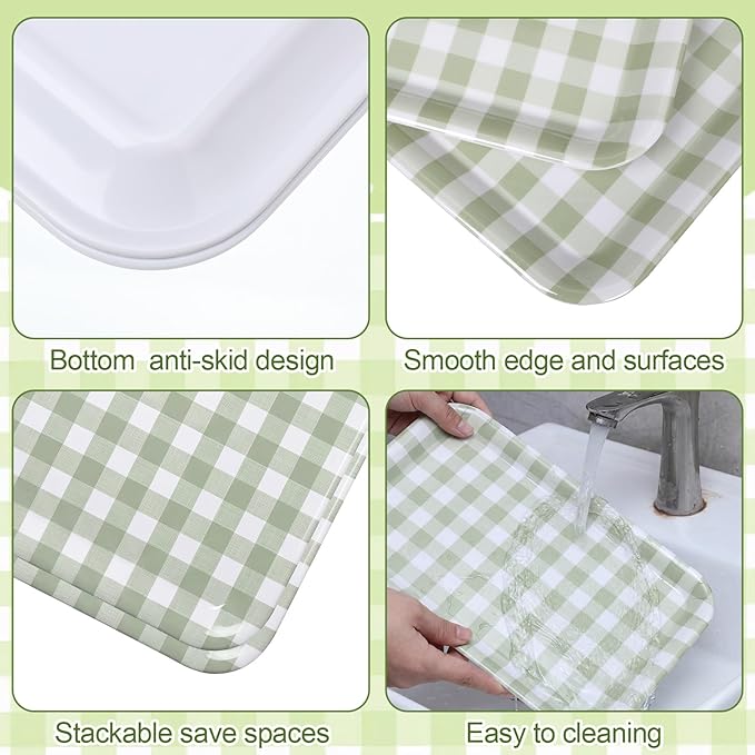 Vesici 3 Pcs Sage Green Gingham Serving Trays 13 x 10 Inch Green and White Checkered Melamine Platters Reusable Rectangular Serving Dishes for Picnic Birthday Baby Shower Party Snacks Fruit Dessert