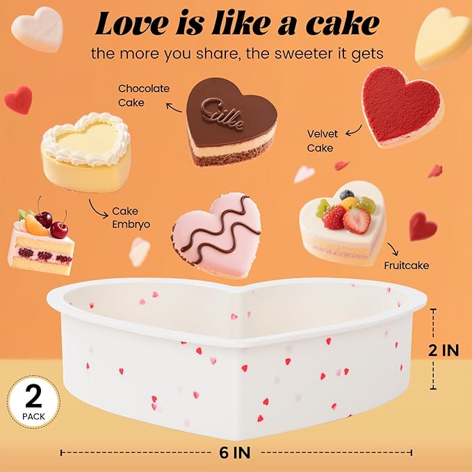 SJ 2P Silicone Heart Shaped Cake Pans, 6 Inch Nonstick Cake Pan, BPA Free Silicone Heart Cake Baking Mold for Oven Dishwasher Safe-Heartdot