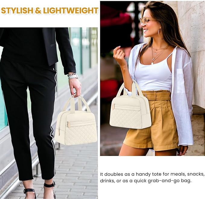 Insulated Lunch Bag for Women, Portable Lightweight Lunch Box for Adults, Reusable Small Lunch Tote Cooler Bags with Front Zipper Pocket for Work School Picnic(Beige)