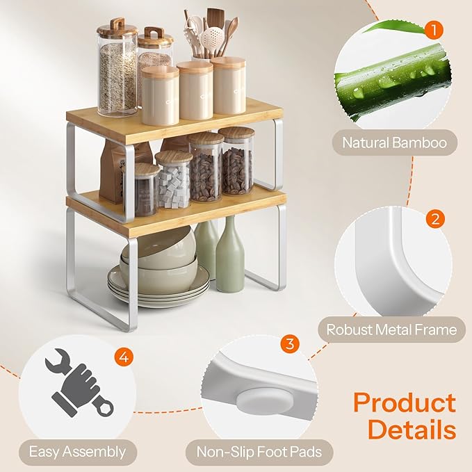 HOOBRO Cabinet Organizer Shelf, Set of 4 Kitchen Counter Shelves, Expandable Kitchen Storage, Stackable Bamboo Spice Rack, for Kitchen, Countertop, Office Desk, Bathroom, Natural and White YW30TLP201