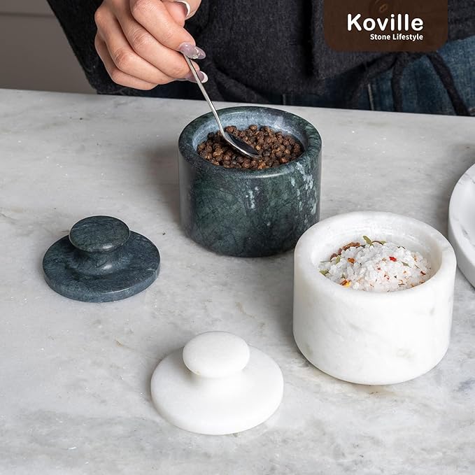 Koville Marble Salt Cellar White and Green Salt Holder with Lid for Kitchen Table Décor, Elegant Modern Handcrafted Seasoning Container for Countertop, Salt and Pepper Holder & Coffee Beans Storage