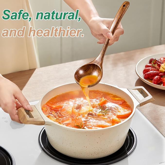 Wooden Ladles for Cooking, 2-Piece Soup Ladle & Pasta Spoon Set, Natural Teak Wood Soup Ladle and Slotted Spaghetti Spoon for Cooking, Serving and Stirring