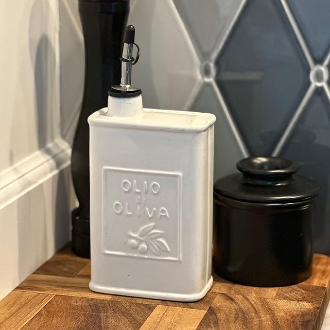 Fox Run White Ceramic Oil Can, 17 oz/500 ML Olive Oil Dispenser With Pouring Spout and Cap