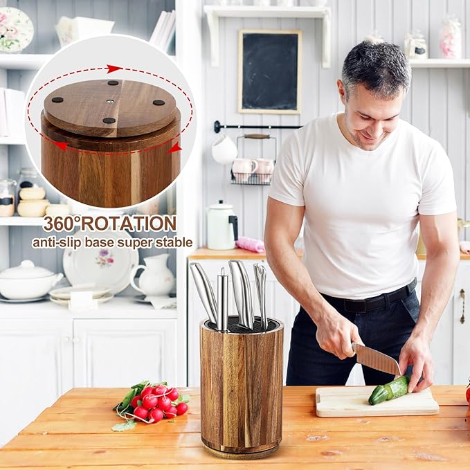 Hushee 360° Rotatable Knife Block Without Knives, 5.9 x 9 Inch Round Acacia Wood Knife Organizer Large Capacity Holder for Scissors Sharpening Rod, Holds up to 10 Knives, Kitchen Organization