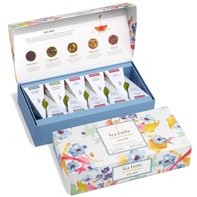 Tea Forte Easter Gifts for Adults - Premium Petite Presentation Box Gift Set Sampler, 10 Count, 2 of Each Blend Individually Wrapped Handcrafted Pyramid Infuser Bags, Volare