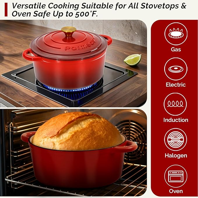 Parmedu 5.5QT Enameled Cast Iron Dutch Oven with Lid, Red Heavy Duty Pot for Sourdough, Bread Baking, Soup, Stews & Roasting with Recipe, Heat-Resistant Grips, Potholder, Cleaning Sponge