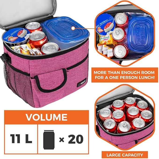 opux Insulated Lunch Bag for Men Women, Leakproof Heather Pink Lunch Box for Work, Portable Soft Lunch Cooler Bag with Shoulder Strap, Adult Lunchbox Lunch Pail for Kid Boy Girl School, 18 Can/10L