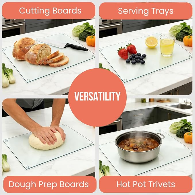 Hacaroa 4 Pack Tempered Glass Cutting Board with Rubber Feet, Rectangle Non-slip Chopping Board, Long Lasting Clear Glass Tray for Kitchen Countertop, Table, Shatter-Resistant, Heat-Resistant, 2 Size