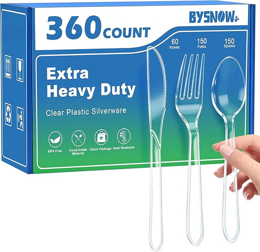360 Count Extra Heavy Duty Plastic Silverware, BPA-Free, Heat Resistant, Disposable Clear Plastic Utensils Set, Plastic Cutlery Set, Plasticware Bulk for Parties, Events and Everyday Use