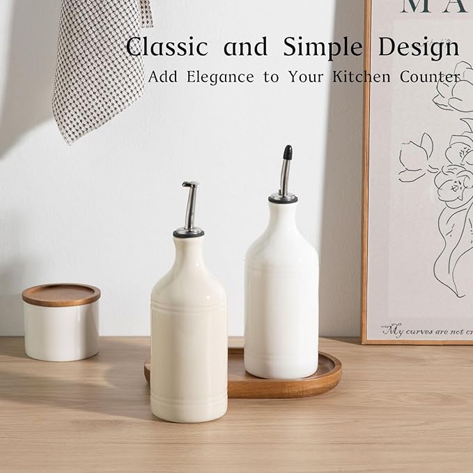 Sweejar Ceramic Olive Oil Dispenser Bottle Set, Opaque Oil Cruet Protects to Reduce Oxidation, Suitable For Storage Of Vinegar, Soy Sauce & Other Liquids,Pack of 2,15.5 Fl Oz（White Beige）