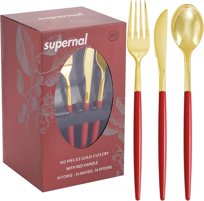 Supernal 102PCS Red Plastic Silverware, Gold Plastic Utensils with Red Handle, Gold Disposable Utensils Heavy Duty Includes 34 Forks, 34 Spoons and 34 Knives prefect for party, wedding & Mother's day