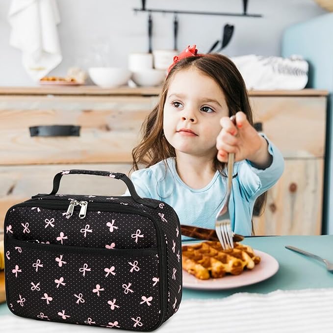LEDAOU Lunch Box Kids Insulated Lunch Bag Girls Toddler Reusable Lunchbox for School Picnic Hiking (Black-Pink Bow)