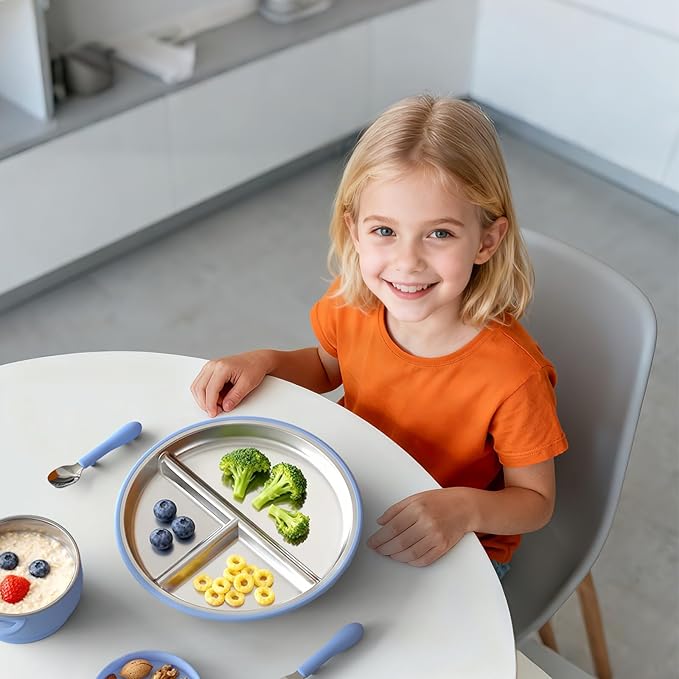 Stainless Steel Suction Plates for Toddlers, 9" Divided Kids Baby Plates with Removable Silicone Suction, Non Toxic Non Slip Portion Control Snack Dishes 4 Packs, Blue Gray Navy Sage