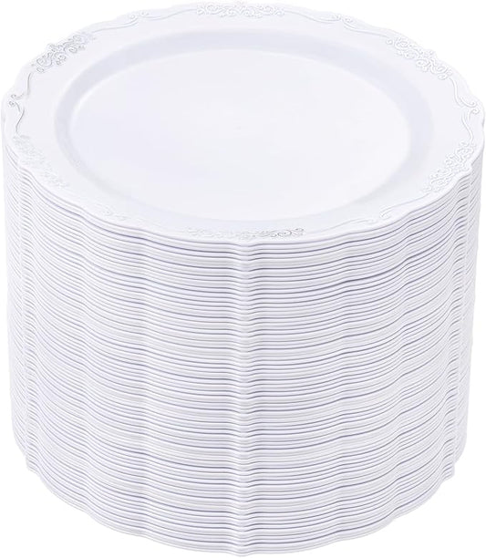 DaYammi 60PCS White and Silver Plastic Plates, Heavy Duty White and Silver Disposable Plates Premium 7.5inch White Dessert Cake Salad Appetizer Platos Hard Plastic Platos Disposable for Party Wedding