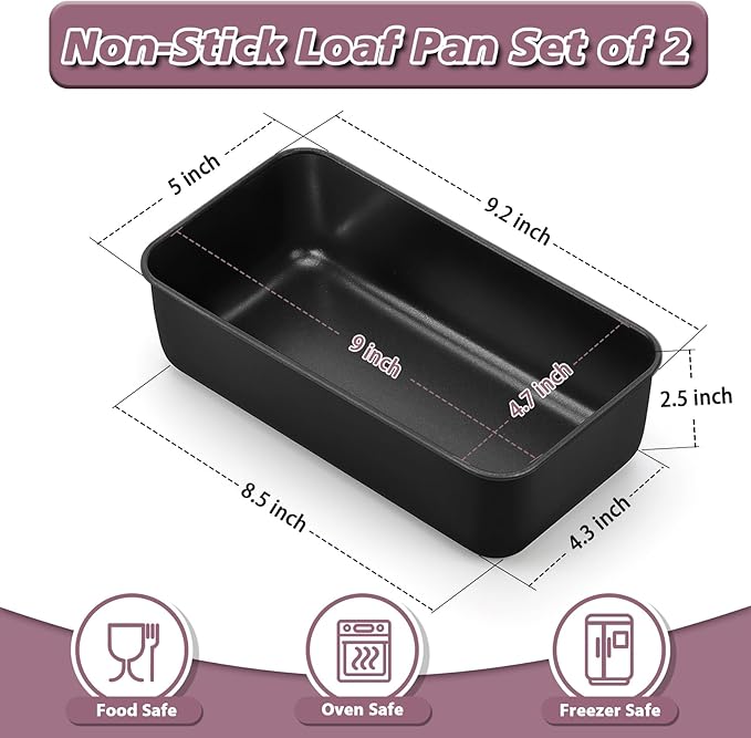 P&P CHEF Loaf Pan Set, 9 x 5 Inch Bread Pans, Stainless Steel Loaf Toast Baking Pans For Bread Meatloaf Lasagna Cake, Healthy & Non Toxic, Oven Safe& Easy Clean, (Black, 2Pcs)