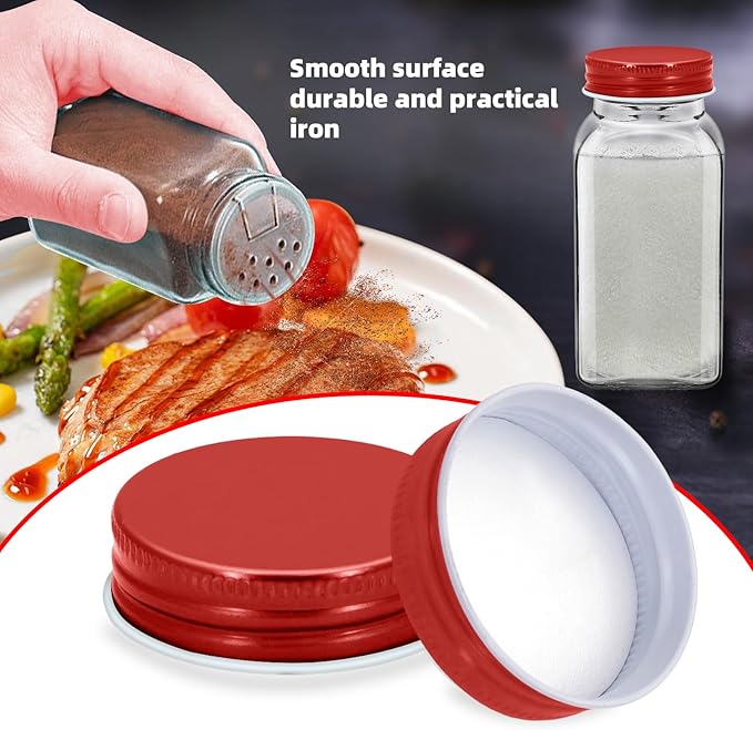 48 Pcs iron Jar Lids Lids for 4 oz and 6 oz Square Spice Jars Reusable Can Airtight Spice Storage Canning Lids for Nice Sealing Kitchen (Red)