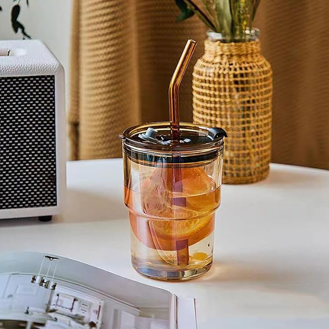 13oz Iced Coffee Cups, Glass Tumbler with Straw and Lid Sealed Carry On Thick Wall Glass Cups with Lid, Reuseable Water Cups for Smoothies, Matcha, juice （Amber