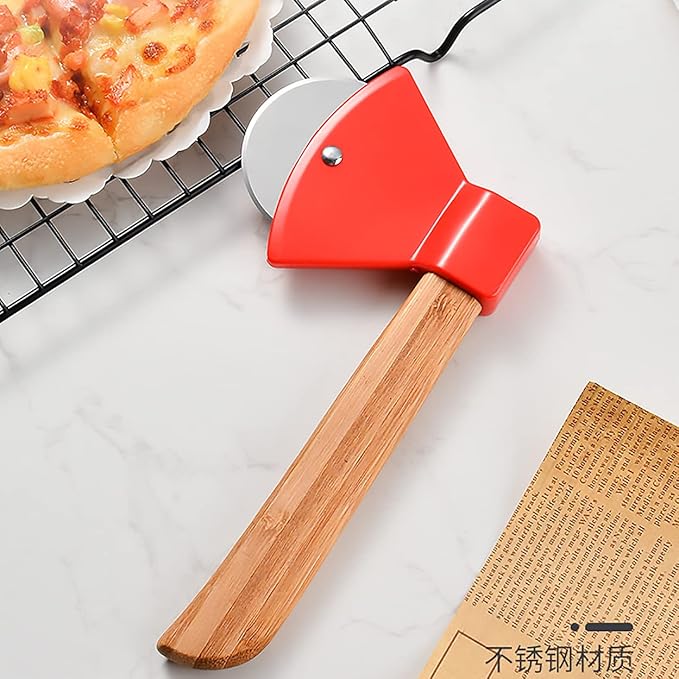 2Pcs Pizza Cutter Wheel, Axe Shaped Stainless Steel Pizza Knife With Bamboo Handles and Sharp Rotating Blades, Pizza Slicer Rolling Cutter for Pies, Cookies, Bread, Cakes (Red)