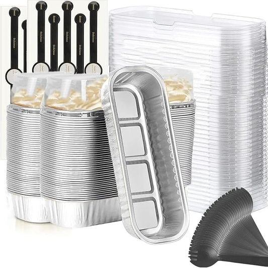 Mini Loaf Baking Pans with Lids And Spoons (100 Pack, 6.8oz) Rectangle Aluminum Foil Baking Pans Tins Containers - Cupcake Containers Wrappers Cheesecake Creme Brulee Ramekins