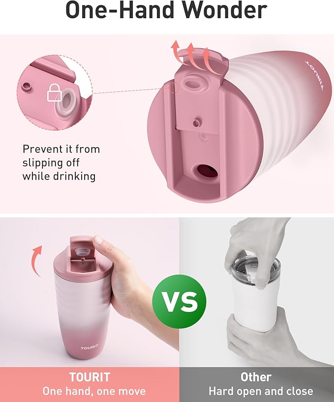 TOURIT 16 oz Travel Coffee Mug, Insulated Stainless Steel Travel Mug with Lid, Leak-Proof Double-Wall Vacuum Tumbler, Reusable Coffee Cup - Pink