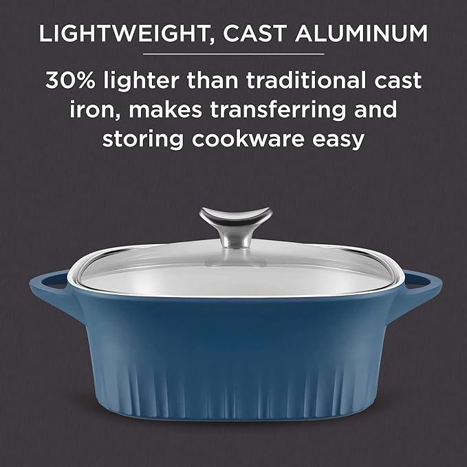 CorningWare QuickHeat 3.2-QT Cast Aluminum Roaster With Lid & Non-Stick Ceramic Interior, Lightweight and Fast Even Heat Baking & Cooking, For Meats, Soup, Browning, Searing, French Navy