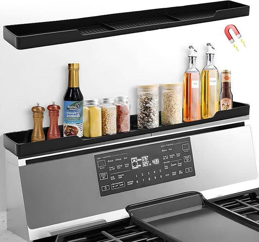 30 Inch Magnetic Stove Top Shelf | 3-Zone Kitchen Organizer with Anti-Slip & Anti-Fall Design | Heat Resistant (-40°F to 446°F) Food-Grade Silicone Spice Rack for Flat Stoves-Black