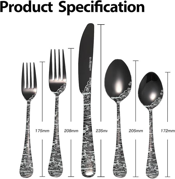 Wave Cutlery Set 20 Pieces Stainless Steel Flatware Set Service for 4 Utensils For Home Kitchen Wedding Laser Engraved Dishwasher Safe (All Black)